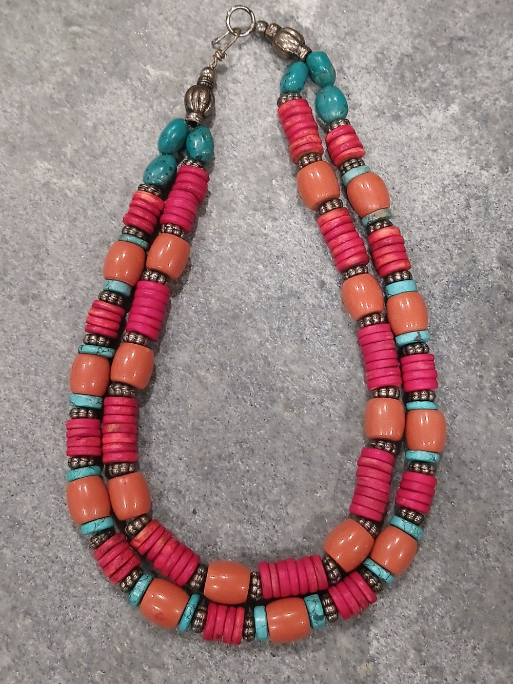 Handcrafted Red, Turquoise & Orange Beaded Necklace.